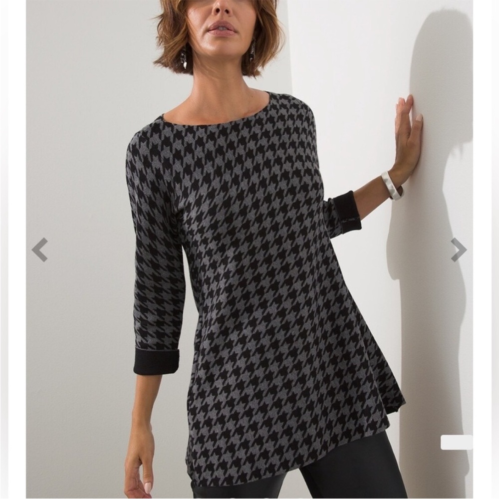 Chico's Black and Gray Houndstooth Tunic Sweater